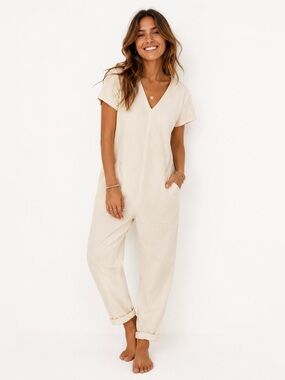 Obakki Cream Short-Sleeve V-Neck Jumpsuit
